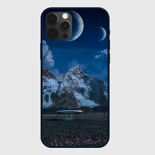 Чехол iPhone 12 Pro Max Ночные горы в природе и небо с нло / 3D-Черный – фото 1