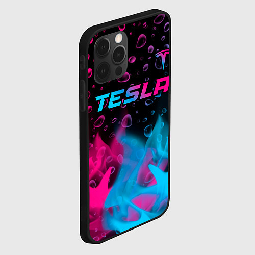 Чехол iPhone 12 Pro Max Tesla - neon gradient: символ сверху / 3D-Черный – фото 2