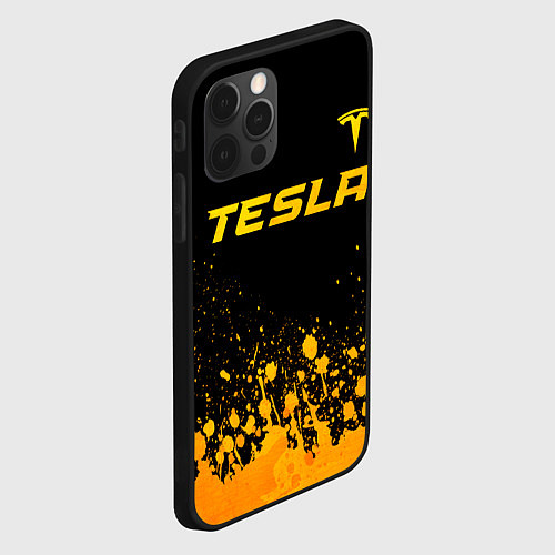 Чехол iPhone 12 Pro Max Tesla - gold gradient: символ сверху / 3D-Черный – фото 2