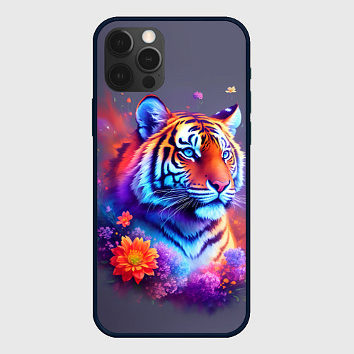 Чехол iPhone 12 Pro Max Тигр и краски - нейросеть / 3D-Черный – фото 1