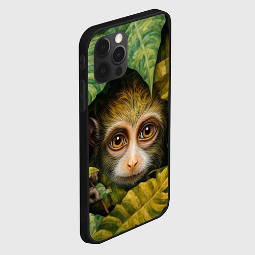 Чехол iPhone 12 Pro Max Маленькая обезьянка в листьях / 3D-Черный – фото 2
