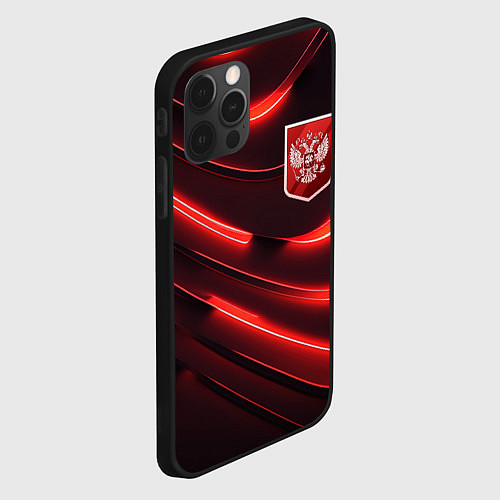Чехол iPhone 12 Pro Max Красный неоновый герб России / 3D-Черный – фото 2