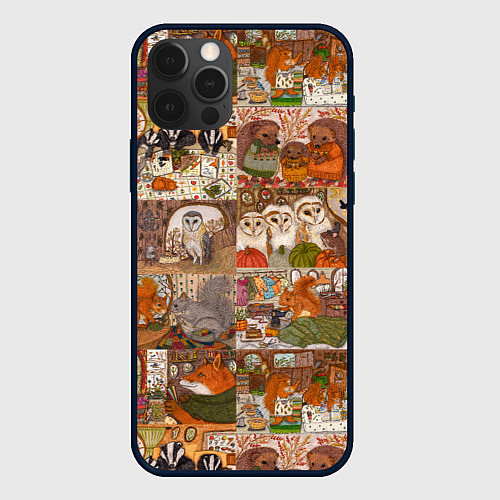 Чехол iPhone 12 Pro Max Коллаж из сказочных зверей - совы, белки, ёжики / 3D-Черный – фото 1