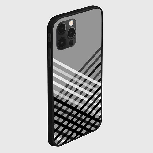 Чехол iPhone 12 Pro Max Косые черно-белые полосы на сером / 3D-Черный – фото 2