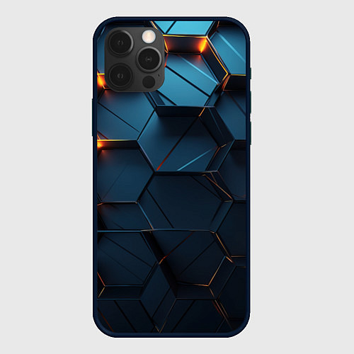Чехол iPhone 12 Pro Max Синие объемные плиты с оранжевыми вставками / 3D-Черный – фото 1
