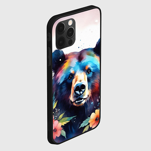 Чехол iPhone 12 Pro Max Портрет медведя гризли с цветами акварелью / 3D-Черный – фото 2
