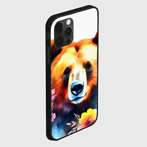 Чехол iPhone 12 Pro Max Морда медведя гризли с цветами акварелью / 3D-Черный – фото 2