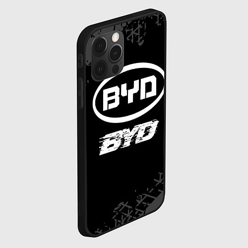 Чехол iPhone 12 Pro Max BYD speed на темном фоне со следами шин / 3D-Черный – фото 2