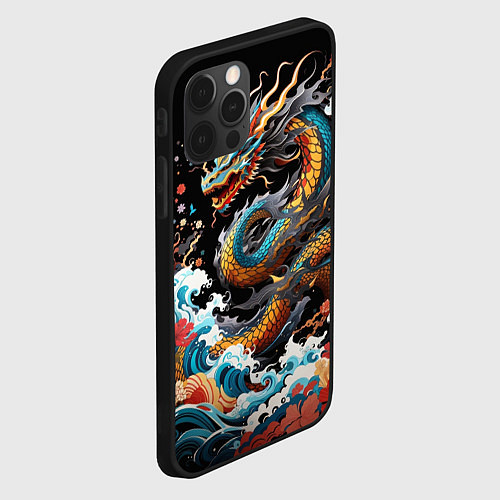 Чехол iPhone 12 Pro Max Дракон на волнах в японском стиле арт / 3D-Черный – фото 2