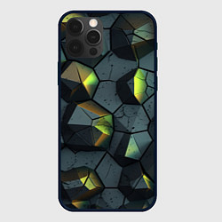 Чехол iPhone 12 Pro Max Черная текстура с зелеными камнями