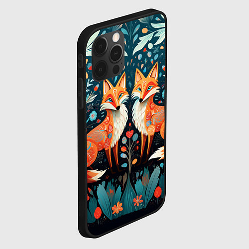 Чехол iPhone 12 Pro Max Две лисички в стиле фолк арт / 3D-Черный – фото 2