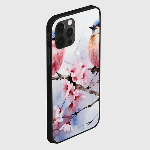 Чехол iPhone 12 Pro Max Птицы в ветвях сакуры акварель / 3D-Черный – фото 2