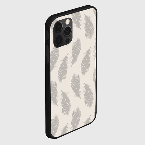 Чехол iPhone 12 Pro Max Бежевый паттерн с перьями / 3D-Черный – фото 2