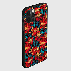 Чехол для iPhone 12 Pro Max Красные цветы с синими листьями узор, цвет: 3D-черный — фото 2