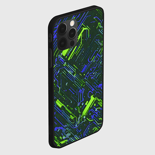 Чехол iPhone 12 Pro Max Киберпанк линии зелёные и синие / 3D-Черный – фото 2