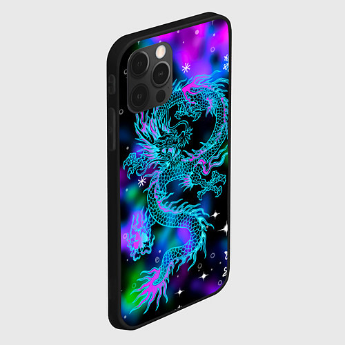 Чехол iPhone 12 Pro Max Неоновый дракон в снежинках / 3D-Черный – фото 2