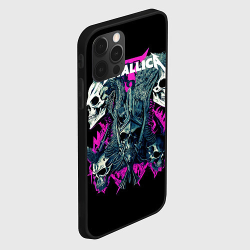 Чехол iPhone 12 Pro Max Металлика на фоне черепов рокеров / 3D-Черный – фото 2