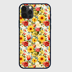 Чехол для iPhone 12 Pro Max Паттерн из желтых и красных цветов, цвет: 3D-черный