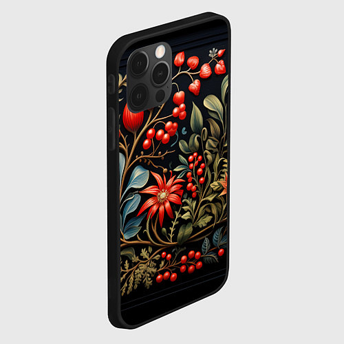 Чехол iPhone 12 Pro Max Новогодние ягоды и цветы / 3D-Черный – фото 2