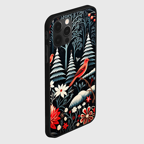 Чехол iPhone 12 Pro Max Новогодний лес и птицы / 3D-Черный – фото 2