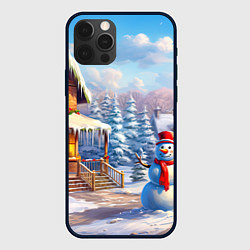 Чехол для iPhone 12 Pro Max Новогодняя деревня и снеговик, цвет: 3D-черный