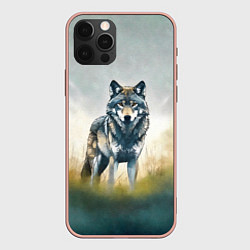 Чехол для iPhone 12 Pro Max Минималистичный пейзаж с волком акварель, цвет: 3D-светло-розовый