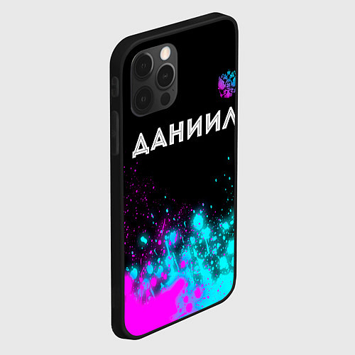 Чехол iPhone 12 Pro Max Даниил и неоновый герб России посередине / 3D-Черный – фото 2