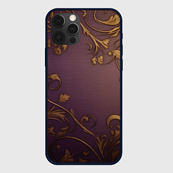 Чехол для iPhone 12 Pro Max Золотистые узоры на фиолетовом фоне, цвет: 3D-черный
