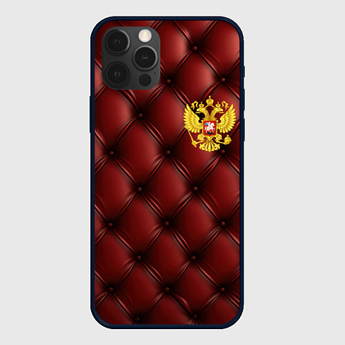 Чехол iPhone 12 Pro Max Золотой герб России на красном кожаном фоне / 3D-Черный – фото 1