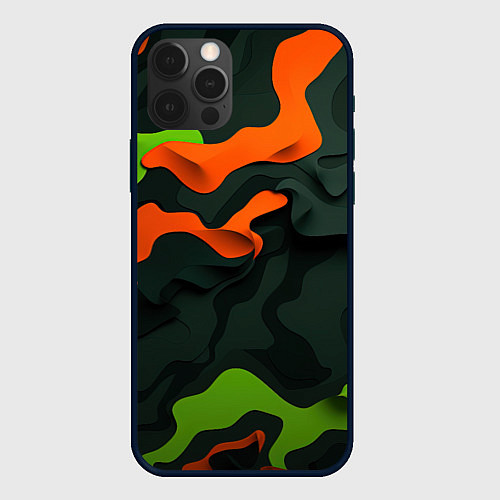 Чехол iPhone 12 Pro Max Зеленые и оранжевые кляксы / 3D-Черный – фото 1