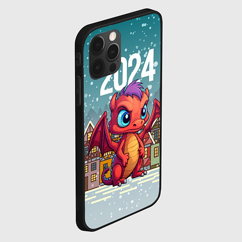Чехол iPhone 12 Pro Max Дракоша на фоне домиков / 3D-Черный – фото 2