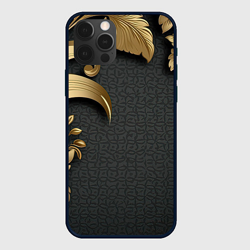 Чехол iPhone 12 Pro Max Золотые объемные листья на сером фоне / 3D-Черный – фото 1