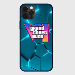 Чехол для iPhone 12 Pro Max GTA 6 лого на фоне разлома голубых плит, цвет: 3D-черный