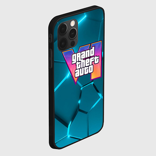 Чехол iPhone 12 Pro Max GTA 6 лого на фоне разлома голубых плит / 3D-Черный – фото 2