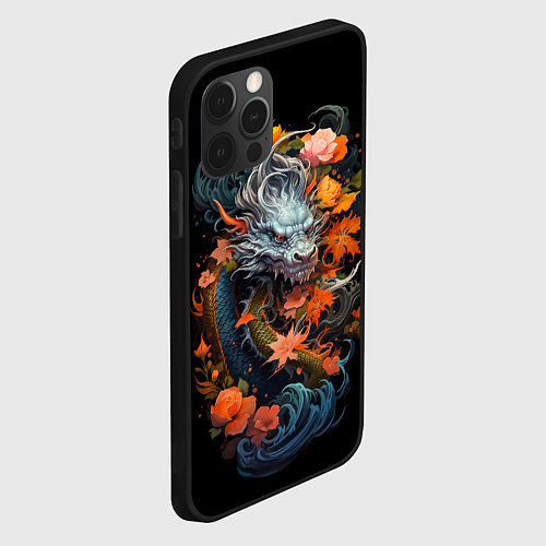Чехол iPhone 12 Pro Max Китайский дракон с цветами и волнами / 3D-Черный – фото 2