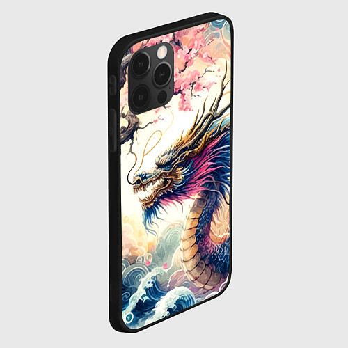 Чехол iPhone 12 Pro Max Japanese dragon and sakura - engraving / 3D-Черный – фото 2