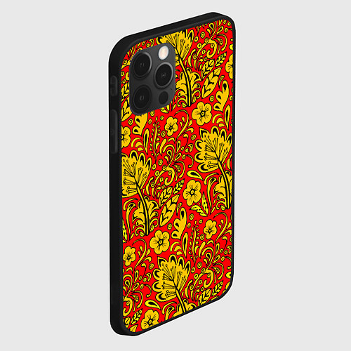Чехол iPhone 12 Pro Max Хохломская роспись золотистые цветы на красном фон / 3D-Черный – фото 2
