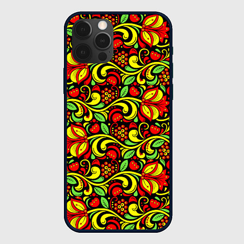 Чехол iPhone 12 Pro Max Хохломская роспись красные цветы и ягоды / 3D-Черный – фото 1