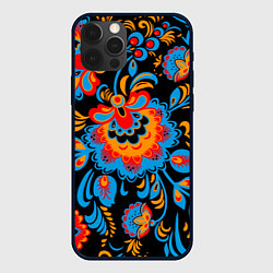 Чехол для iPhone 12 Pro Max Хохломская роспись разноцветные цветы на чёроном ф, цвет: 3D-черный