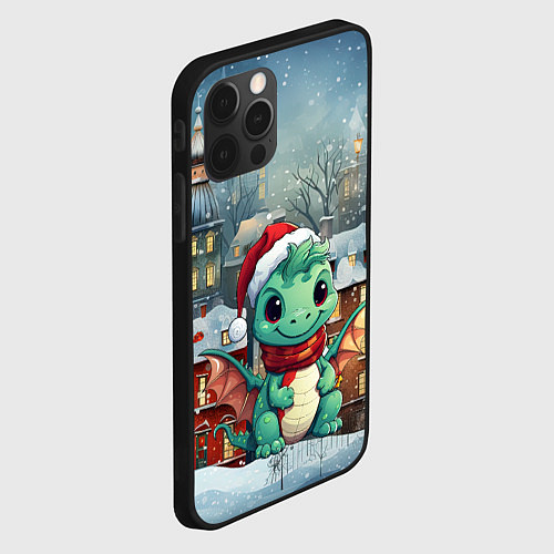 Чехол iPhone 12 Pro Max Милый маленький дракон новогодний на фоне домов / 3D-Черный – фото 2