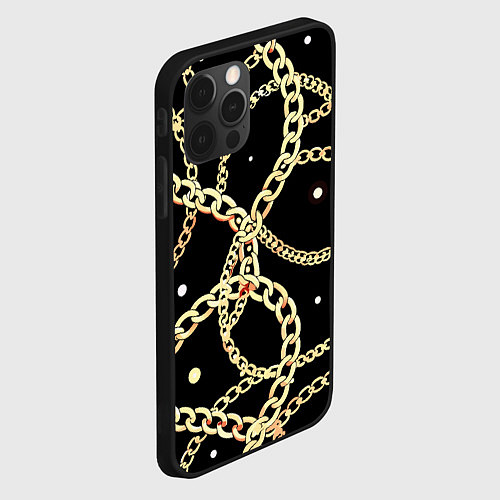 Чехол iPhone 12 Pro Max Золотые цепи на черном - ювелирные украшения патте / 3D-Черный – фото 2