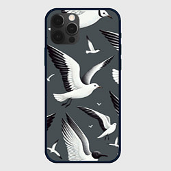 Чехол для iPhone 12 Pro Max Белый силуэт Чайки на сером - морской паттерн, цвет: 3D-черный