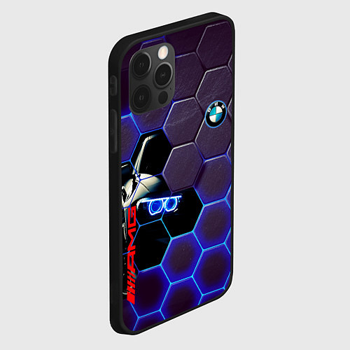 Чехол iPhone 12 Pro Max BMW неоновые соты / 3D-Черный – фото 2