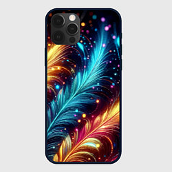 Чехол для iPhone 12 Pro Max Неоновые разноцветные перья, цвет: 3D-черный