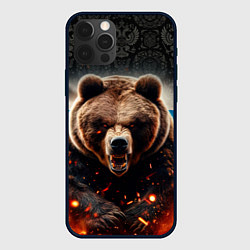 Чехол для iPhone 12 Pro Max Русский медведь на фоне флага и огня, цвет: 3D-черный