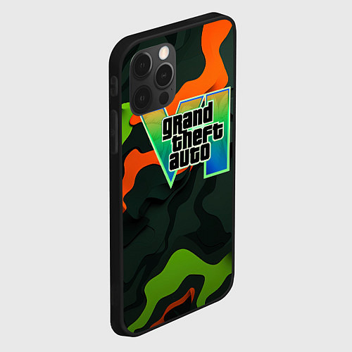 Чехол iPhone 12 Pro Max Gta лого зелено-оранжевый камуфляж / 3D-Черный – фото 2