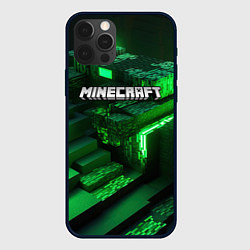Чехол для iPhone 12 Pro Max Minecraft logo зеленые неоновые кубы, цвет: 3D-черный
