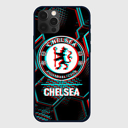 Чехол для iPhone 12 Pro Max Chelsea FC в стиле glitch на темном фоне, цвет: 3D-черный