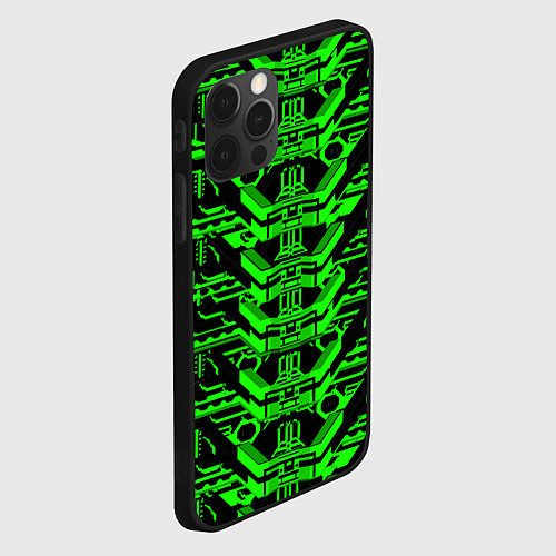 Чехол iPhone 12 Pro Max Зелёная техно-броня на чёрном фоне / 3D-Черный – фото 2