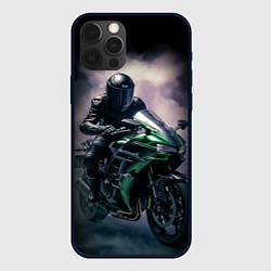 Чехол для iPhone 12 Pro Max Мотоцикл на зеленом мотоцикле, цвет: 3D-черный
